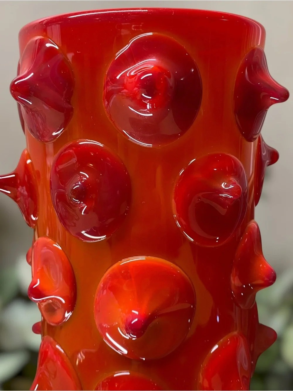 Vintage Large Applied Art Glass Vase Chunky 10 5/8” Tall Red Amberina Hand Blown